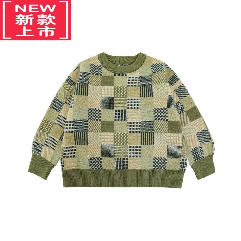 可莉允男童几何拼色芝麻点提花休闲宽松软弹内搭毛衣冬季儿童针织衫图片