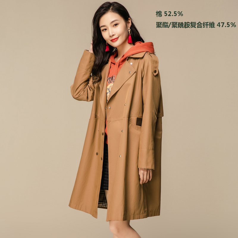 恒源祥风衣女中长款大衣2024初秋新款收腰气质过膝薄款外套小个子 170/XL QSJ21053卡其