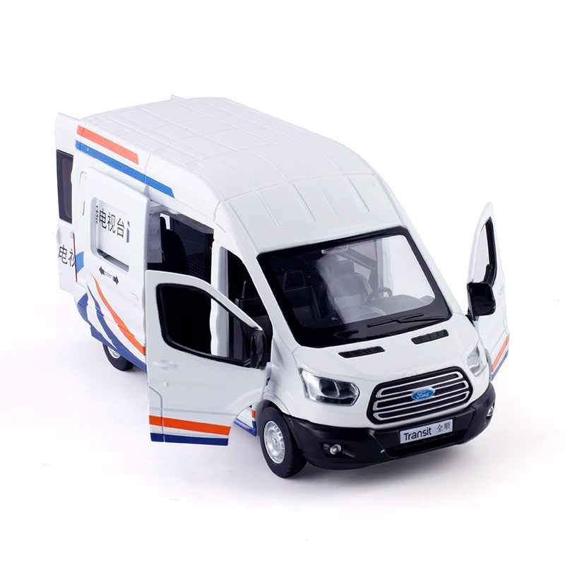 彩珀合金车侧开回力135福特全顺采访车商务车汽车模型声光玩具白色