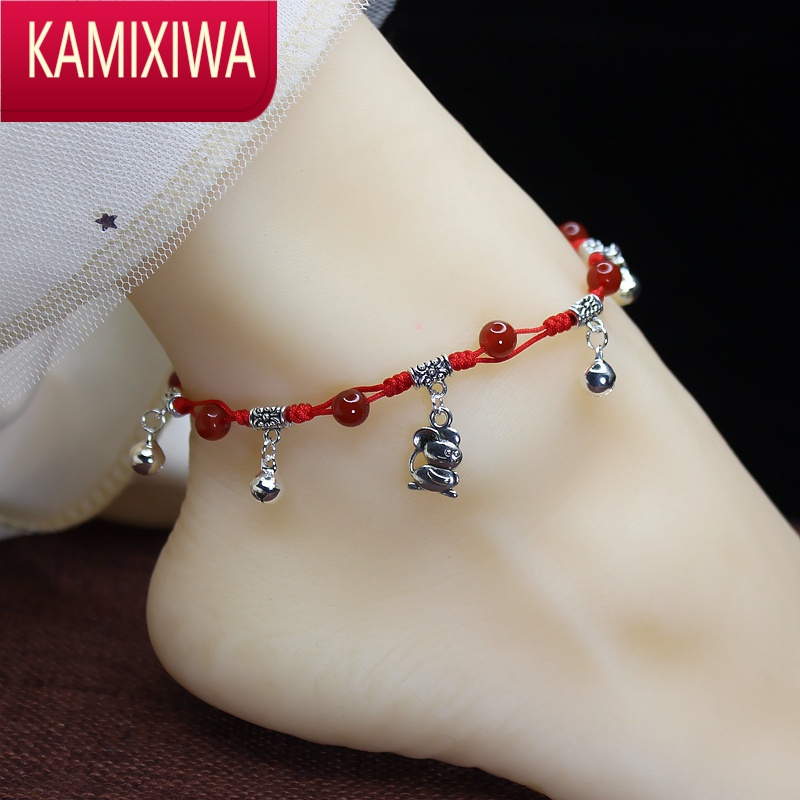 kamixiwa韩版简约12生肖鼠脚链女铃铛红绳手工编织古风性感森系小众宫