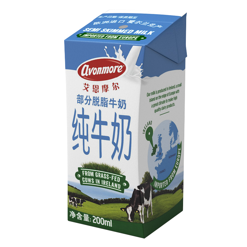 艾恩摩尔原装进口纯牛奶 艾恩摩尔(AVONMORE)部分脱脂纯牛奶200ml*12