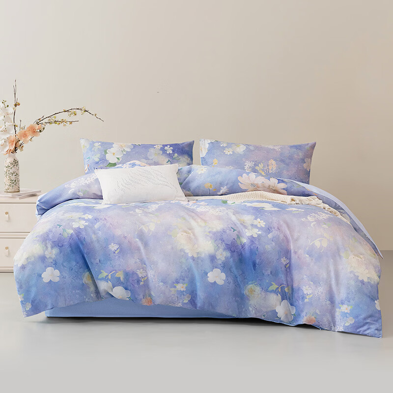 水星家纺紫韵花影茶氨酸全棉抗菌四件套A类200cm×230cm