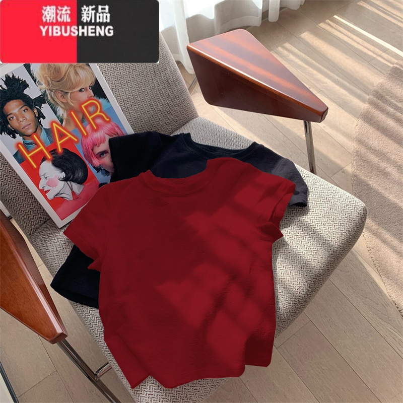 YIBUSHENG正肩短袖t恤女装2024季新款早春欧货小衫体恤春季上衣 红色纯色 M