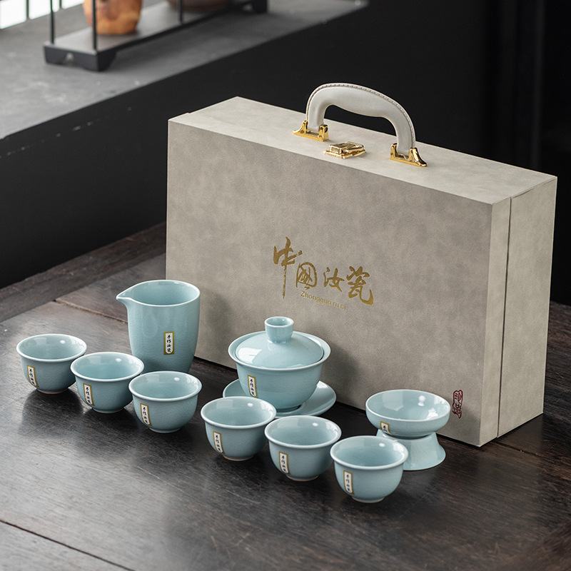 高档10头汝窑功夫茶具套装整套精品陶瓷全套礼品伴手礼耐高温礼盒-江山汝窑/10件套-中国汝瓷