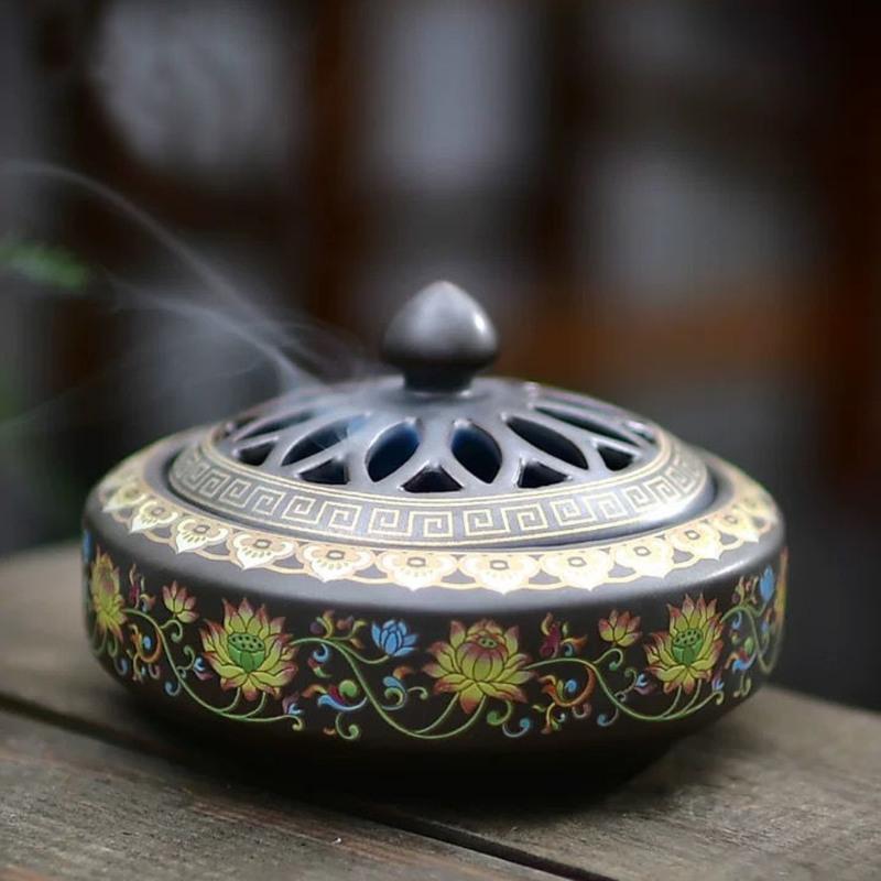珐琅彩香炉家用沉香陶瓷香薰炉卧室茶道檀香炉室内供佛创意盘香炉珐琅