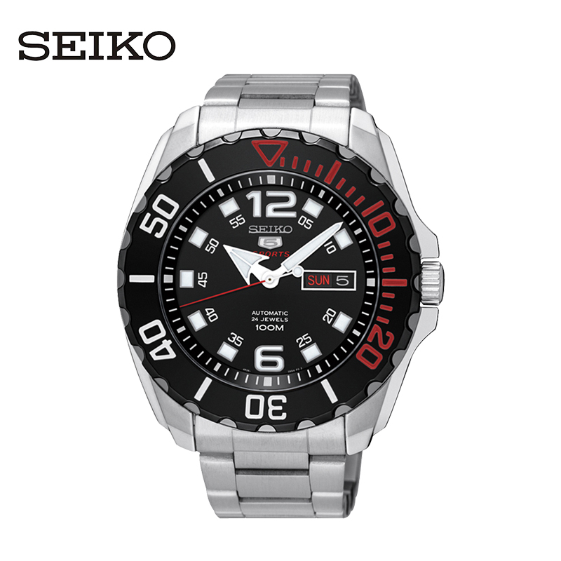 精工(SEIKO)手表 精工5号原装进口自动机械表商务休闲运动防水户外夜光双历功能计时男表黑盘钢带 SRPB35J1