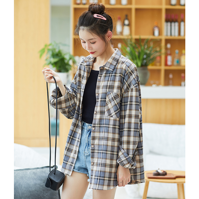 唐狮春季女单口袋格子长袖衬衫潮酷百搭休闲上衣女