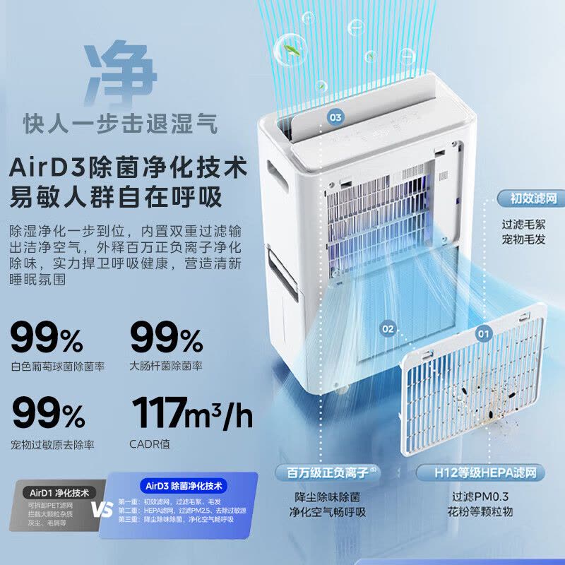 美的除湿机30升双直流变频除菌净化一体机家用安睡抽湿机卧室除湿器空气净化 CF30BD/BP3N7-DI 30L/天图片