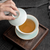 苏氏陶瓷(SUSHI CERAMICS)汝窑卵青 三才盖碗开片可养金线初放功夫茶具泡茶碗