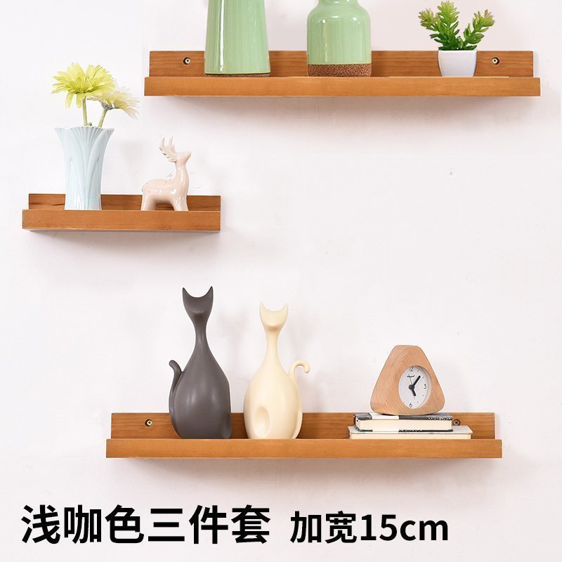 家柏饰(CORATED)客厅墙上置物架卧室壁挂电视背景墙装饰架一字实木板简约现代书架 浅咖色三件套高清大图