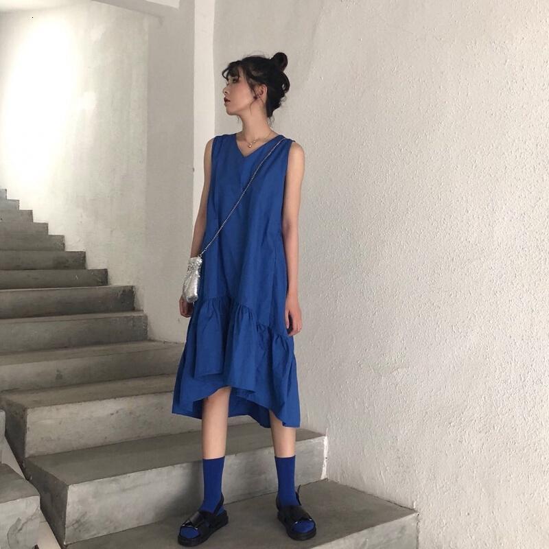 夏宽松荷叶边鱼尾背心连衣裙女蓝色均码