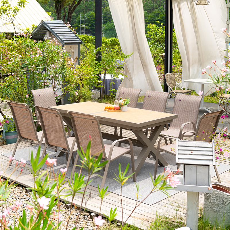 紫叶户外桌椅组合外摆室外花园露天座椅庭院露台餐椅休闲商用桌椅 8【椅】+1【伸缩桌180/240x90cm】