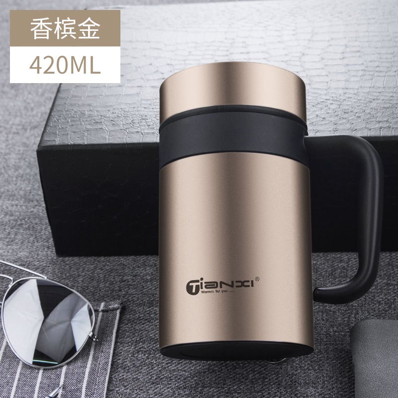 天喜(TIANXI)保温杯 304真空不锈钢水杯男士商务办公泡茶杯 带茶漏滤网带手柄 香槟金420ml