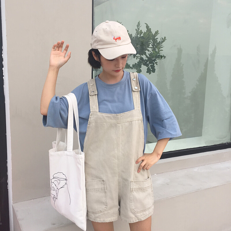 夏装2018新款韩版减龄宽松阔腿裤背带裤学生简约百搭牛仔裤短裤女