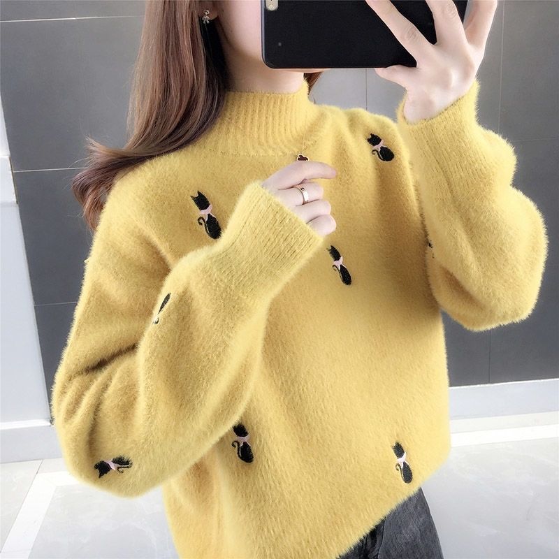 毛衣女半高领秋冬2023新款韩版绣花宽松内搭加厚针织打底衫 薄款黄色 M建议95-105斤