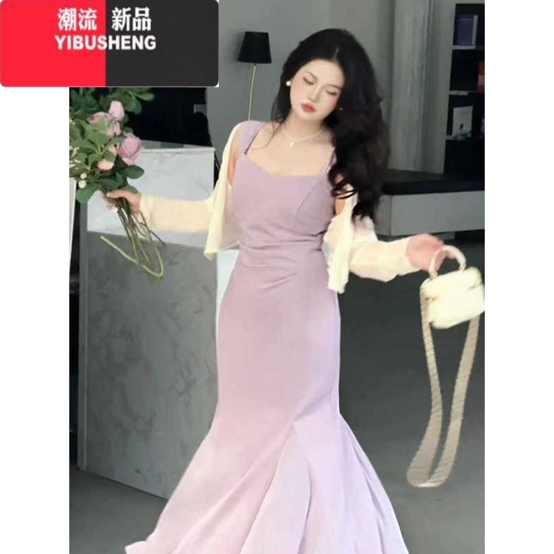 YIBUSHENG大码女装季气质收腰遮肉显瘦方领连衣裙法式小黑吊带裙防晒开衫高清大图