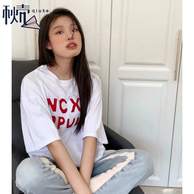 秋壳纯棉100%复古美式印花T恤T恤女字母爱心2022夏季新款可爱短袖
