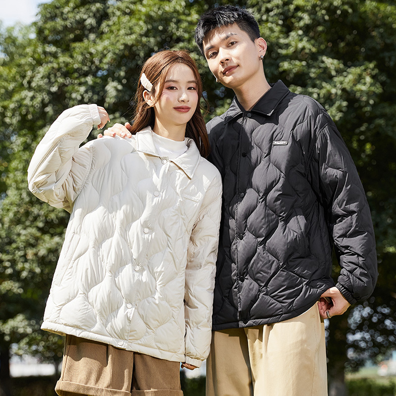 唐狮冬季新款情侣装羽绒服男女翻领轻薄时尚衬衫薄款宽松外套潮流_857 M A款/女款米白