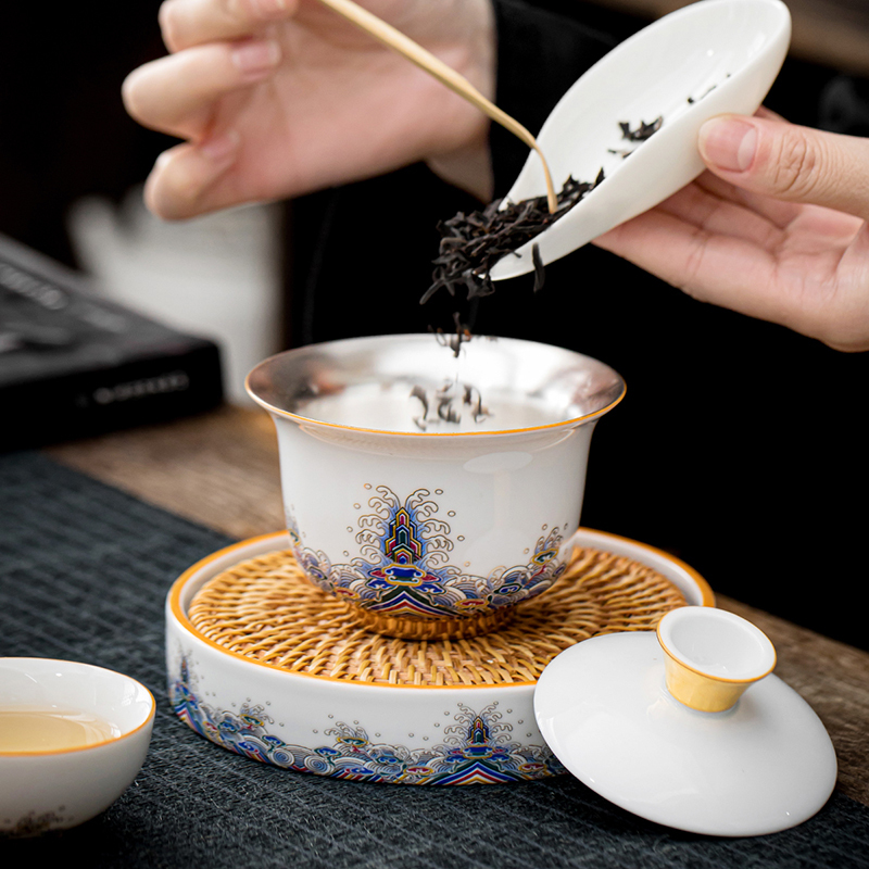 領藝 皇家御品三才盖碗茶杯大号泡茶功夫茶碗 皇家御品鎏银盖碗