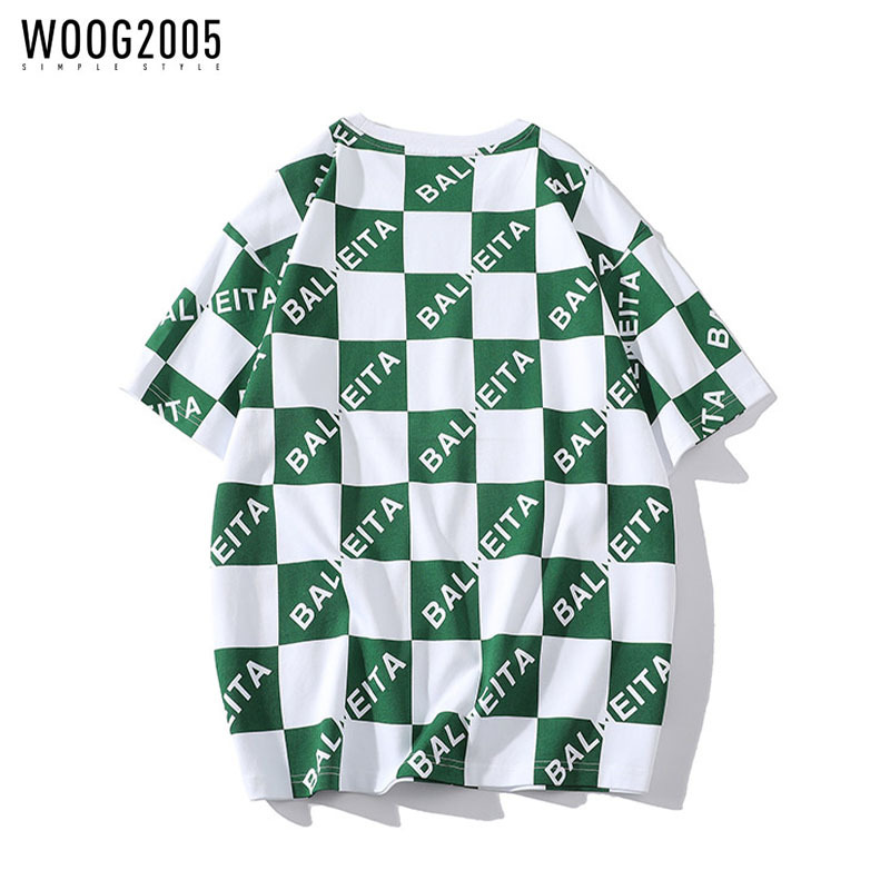 WOOG2005 夏季格子印花T恤男潮流大码韩版圆领百搭运动休闲短袖男