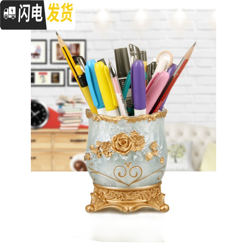 三维工匠时尚笔筒收纳盒可爱创意化妆刷桶北欧ins风个性笔筒树脂摆件 春暖珍珠黄笔筒+纸巾盒高清大图