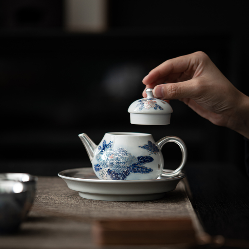 苏氏陶瓷(SUSHI CERAMICS)鎏银国礼牡丹壶茶具套装非遗传承人郑文强作品一壶两杯带壶承礼盒