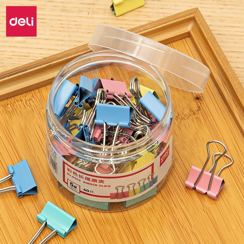 得力(deli)彩色长尾票夹5#19mm燕尾夹筒装办公资料夹票据夹40个/筒 8555 彩色