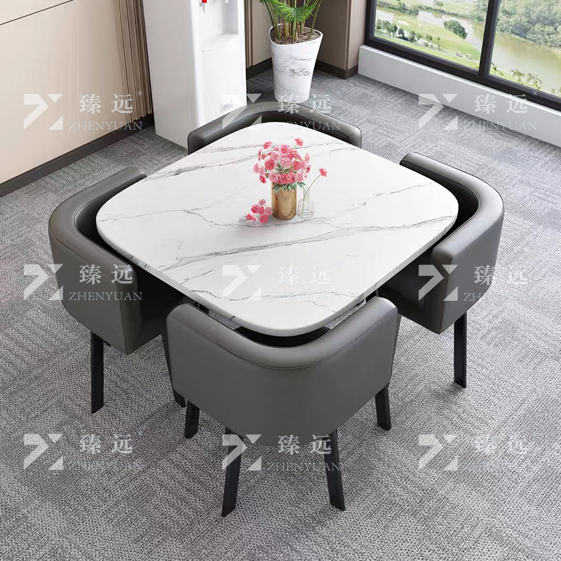 臻远 ZY4100956 简约接待桌椅洽谈桌椅 一桌四椅 白石根方桌灰色皮椅高清大图