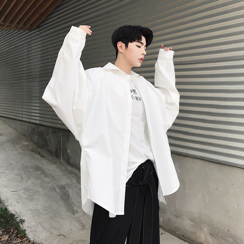 韩版日韩风纯白色衬衣男bf风宽松版长袖衬衫日系文艺青少年休闲
