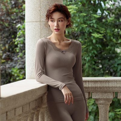 俞兆林 秋冬新款蝴蝶结保暖内衣女套装修身V领蕾丝打底秋衣秋裤套装