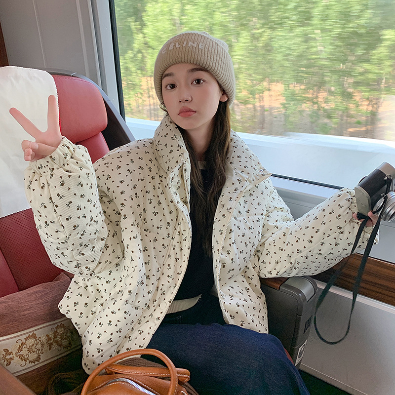 灯芯绒碎花短款棉服女2024新款立领面包服韩系时尚百搭厚棉袄外套高清大图