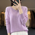 免费试穿鄂尔多市V领羊绒衫早秋新款针织衫宽松上衣慵懒毛衣女春秋针织上衣服打底衫秋冬内搭大 夹花紫 L