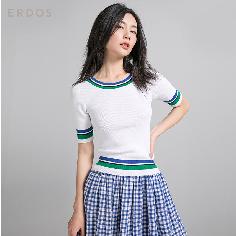 鄂尔多斯ERDOS 春夏女装撞色条纹圆领螺纹半袖纯棉针织衫女