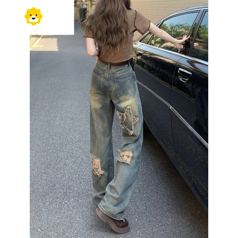 fish basket妈个鸡妈 ins做旧复古星星贴布绣破洞微喇牛仔裤宽松裤子