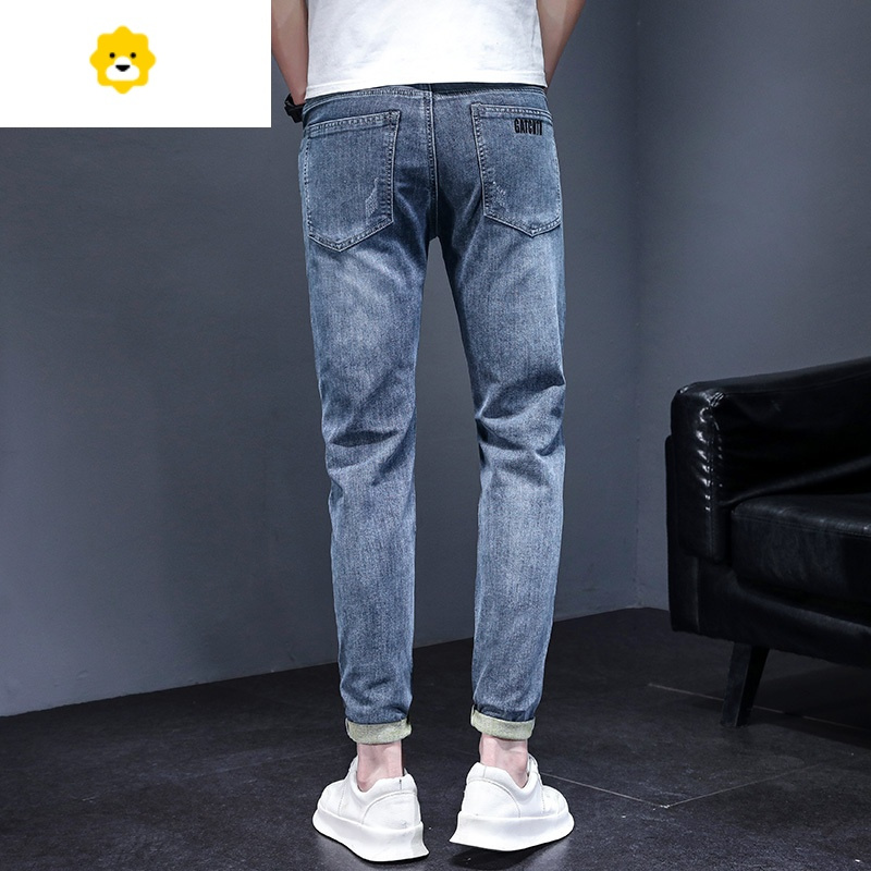 fishbasket天牛仔裤男士潮牌修身小脚九分裤直筒休闲长裤子男季薄款