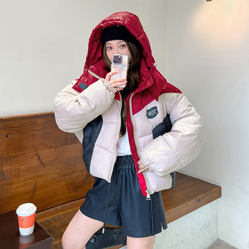 棉服女短款宽松拼接撞色个性保暖棉衣甜酷小个子加厚棉袄外套冬潮 红帽子 XXL