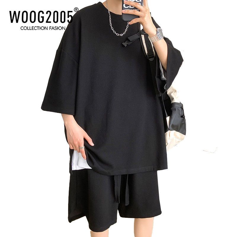 WOOG2005墨绿色华夫格短袖短裤套装男夏季美式篮球运动服男装一