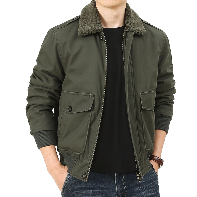 lake2020冬季翻领羔毛外套男加绒加厚棉衣飞行员军装多口袋工装夹克