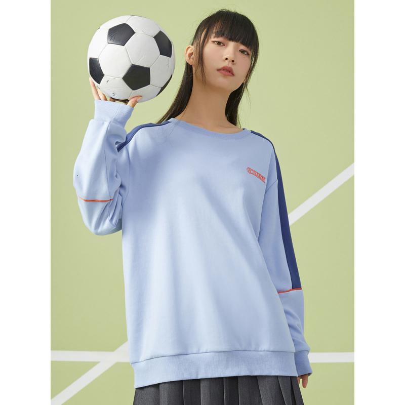 [1件5折价:104.5]美特斯邦威卫衣女秋冬新款休闲宽松圆领撞色拼接运动女士上衣
