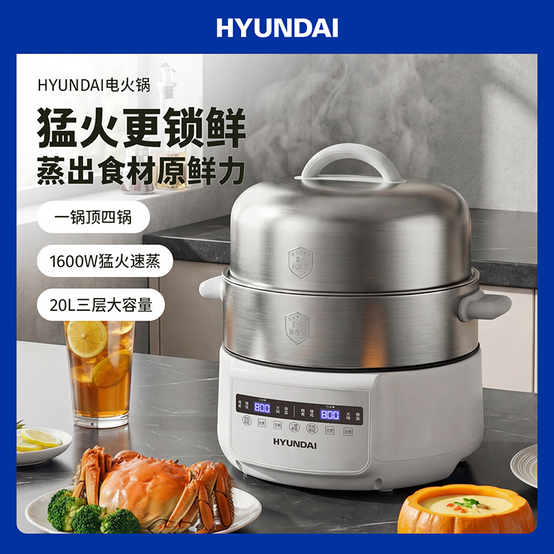 HYUNDAI 家用20升大容量 电蒸笼鸳鸯锅多功能蒸煮一体锅电火锅电煮锅 上蒸下煮带蒸笼 RC-S16D1