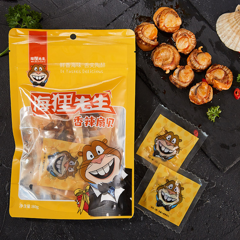 海狸先生扇贝肉花蛤香辣味开袋即食新鲜麻辣海鲜大连特产大扇贝干 80g*1袋香辣味(休闲零食)