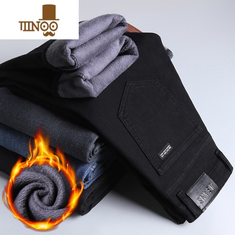 YANXU款加绒牛仔裤男2022年新款冬季保暖宽松直筒弹力黑色男士裤子高清大图