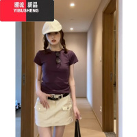 YIBUSHENG日多巴胺穿搭正肩紫色t恤女短袖季小衫设计感小众修身短上衣