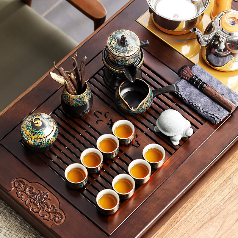 領藝 优品古韵功夫茶具套装家用办公室整套陶瓷泡茶器乌金檀木茶盘四合一