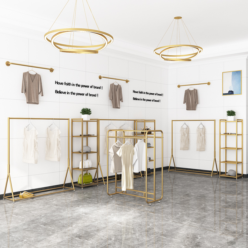 服装店展示架上墙金色童装女装店货架落地式挂衣架衣服架子中岛架晾晒架 三维工匠 中岛架长150*宽50*高150 官方标配