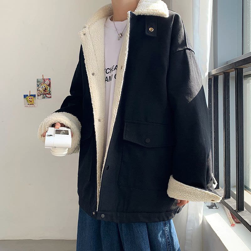 BaLuoShang2020冬季新款羔毛外套男加绒加厚韩版潮流帅气宽松摇粒绒棉衣潮风衣图片