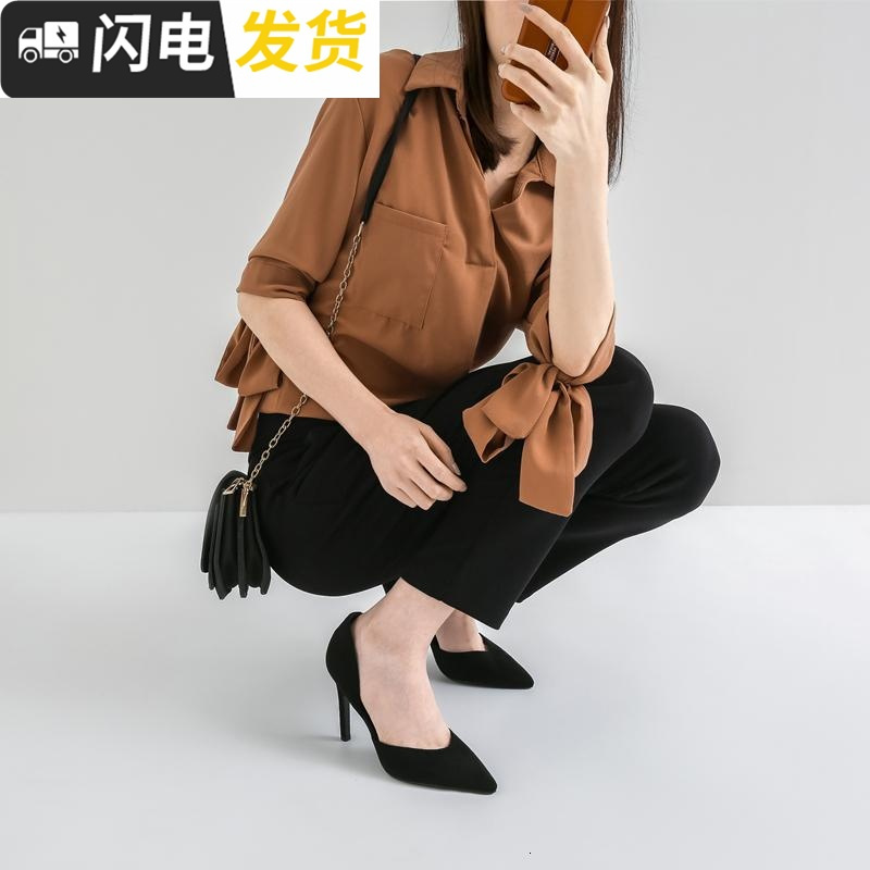 春季单鞋女2022新款黑色尖头少女高跟鞋女秋细跟中空浅口绒面职业启如休闲鞋
