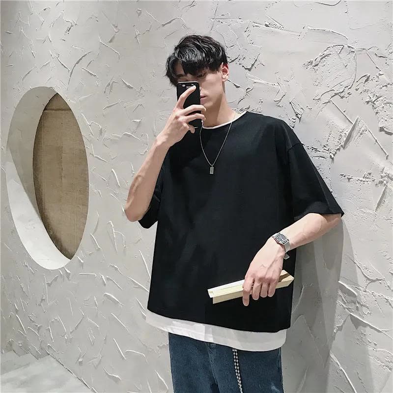 夏季假两件短袖t恤男拼接圆领ins潮牌港风宽松百搭潮流五分袖上衣莎丞图片