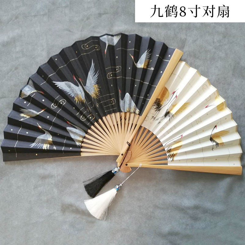 苏州古风仙鹤宣纸折扇团扇送男女朋友礼仙鹤汉服手绘定制刻字 三维工匠 [情侣对扇黑白8寸]九鹤扇子高清大图