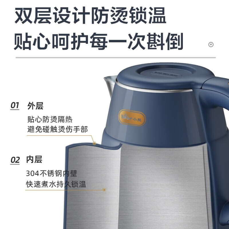 小熊(Bear) 电水壶热水壶电热水壶304不锈钢1.5L家用暖水壶开水壶烧水壶 复古蓝丨ZDH-Q15H2高清大图